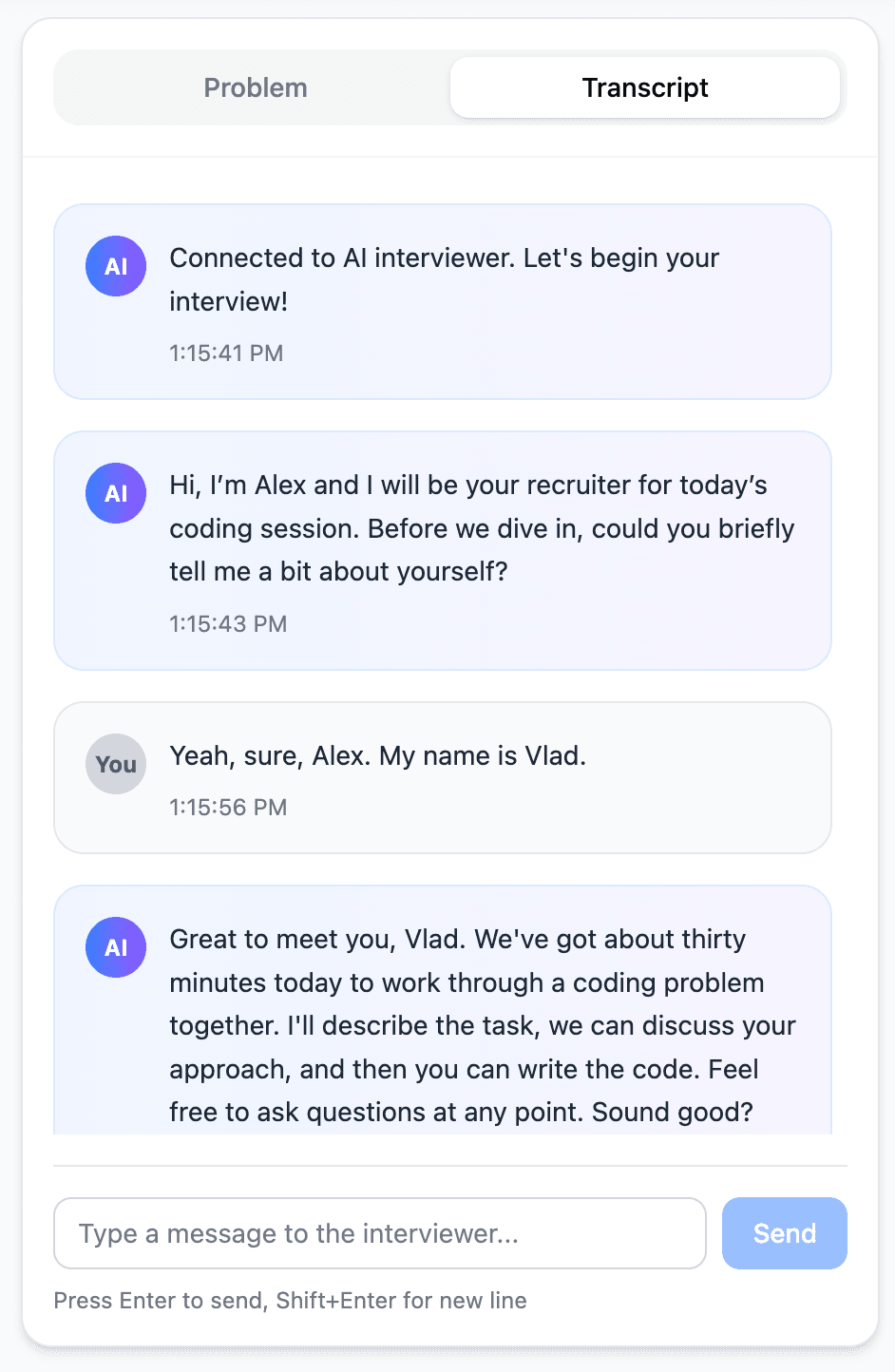 AI Voice Interview Transcript Interface